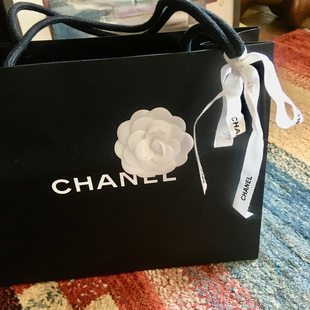 Chanel Med size classic black paper shopping bag w/ camellia & ribbon